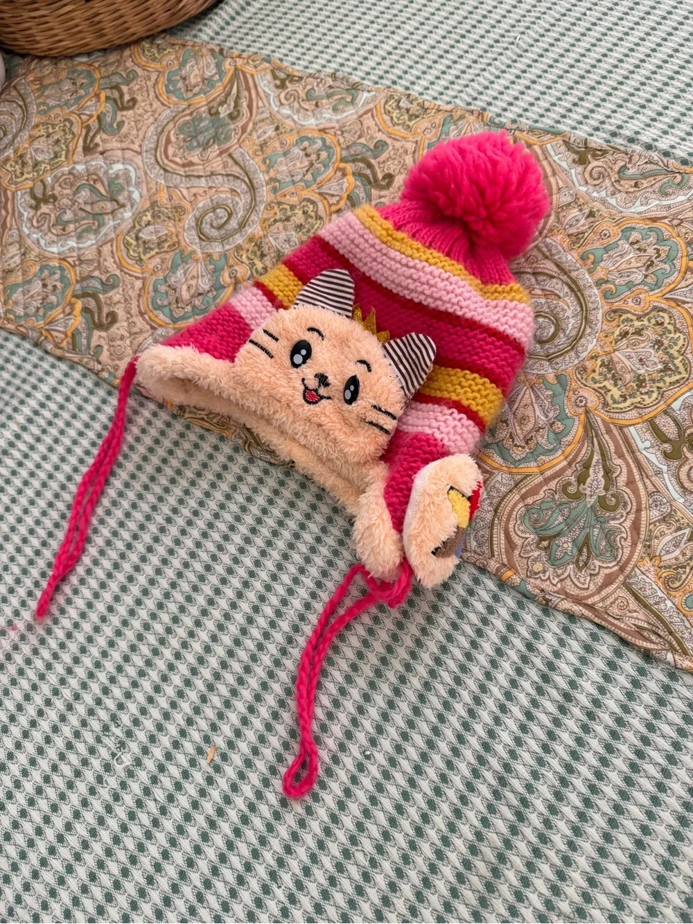 Girls' Crochet Winter Hat Pink Striped Cat Pom Pom Winter Hat Beanie